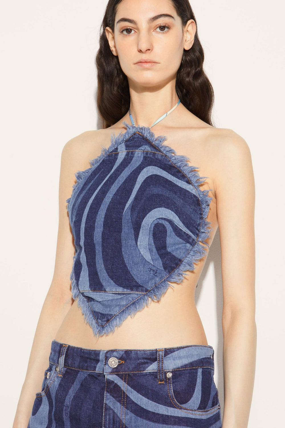 PUCCI Denim | Women Marmo-Print Denim Halterneck Top