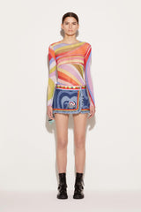 PUCCI Denim | Women Marmo-Print Embellished Denim Mini Skirt