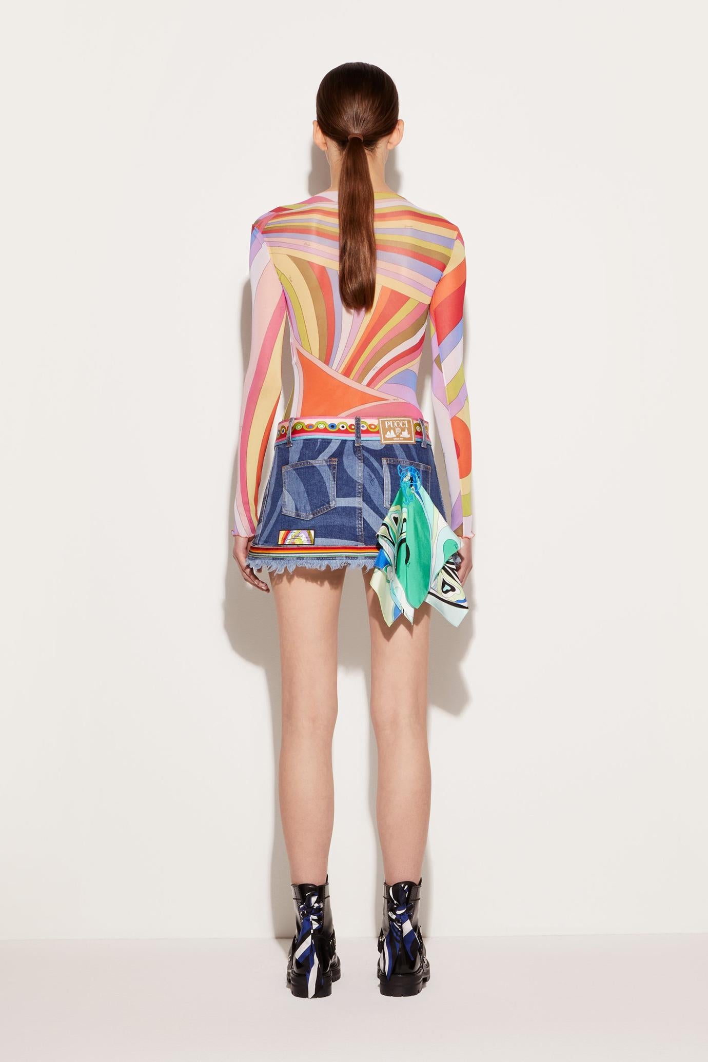 PUCCI Denim | Women Marmo-Print Embellished Denim Mini Skirt