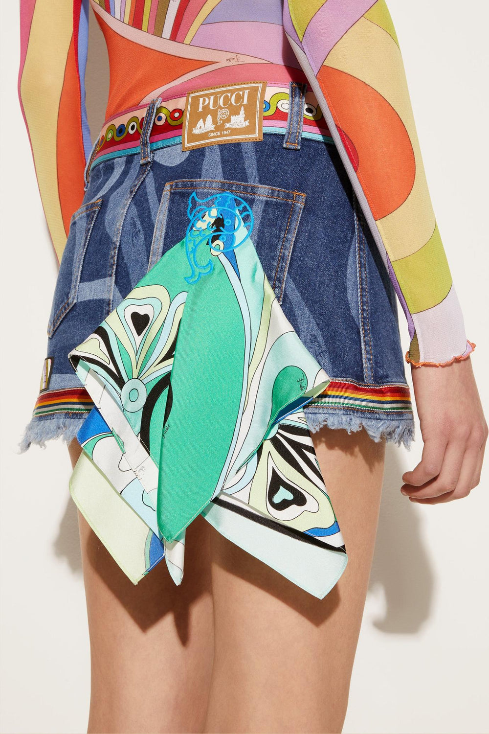 PUCCI Denim | Women Marmo-Print Embellished Denim Mini Skirt