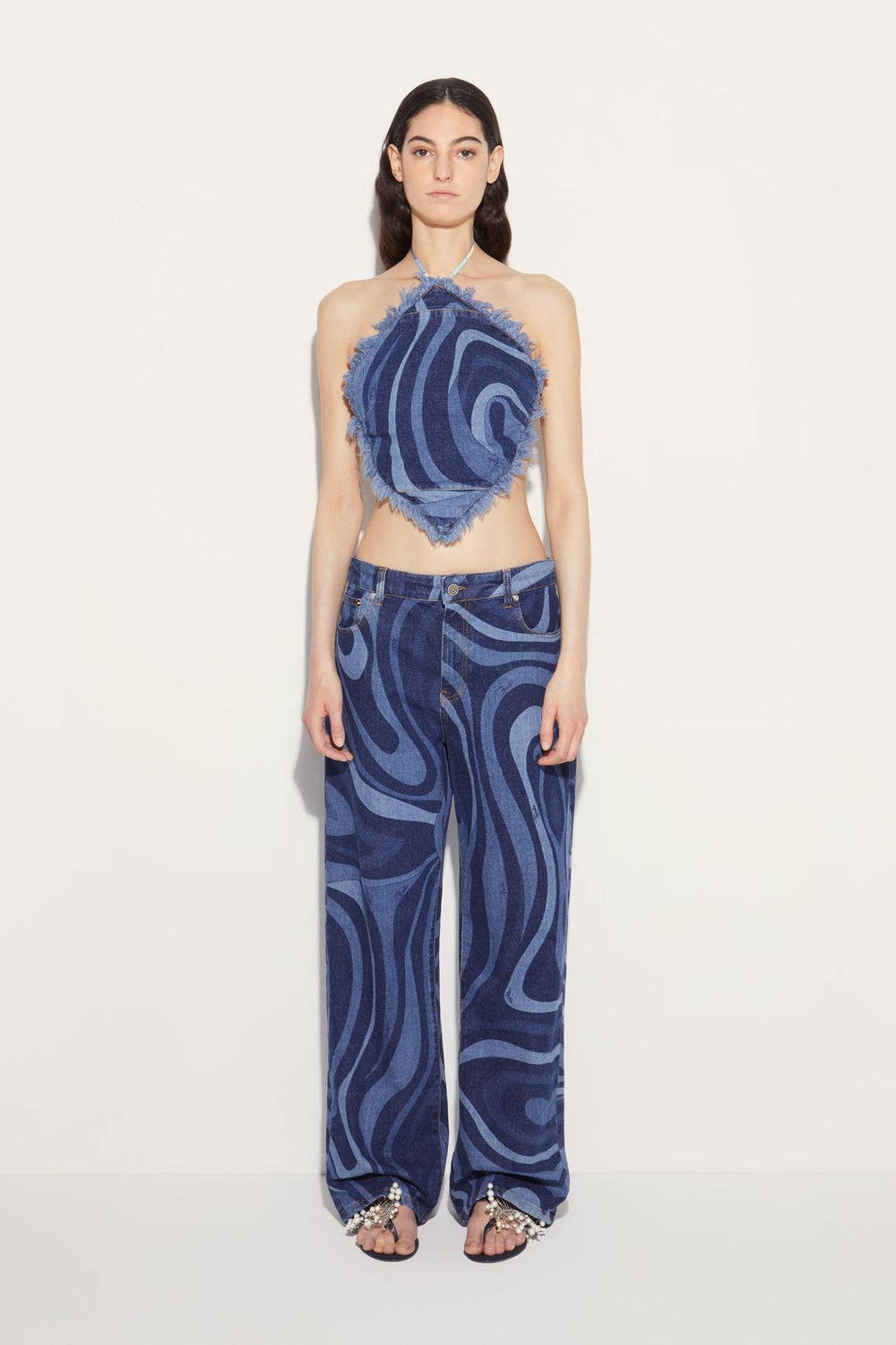 PUCCI Tops And Shirts | Women Marmo-Print Denim Halterneck Top